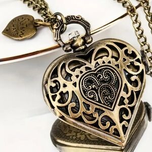 Vintage Antique Gold  Heart Locket/Watch Necklace- Sisters/Friends Themed